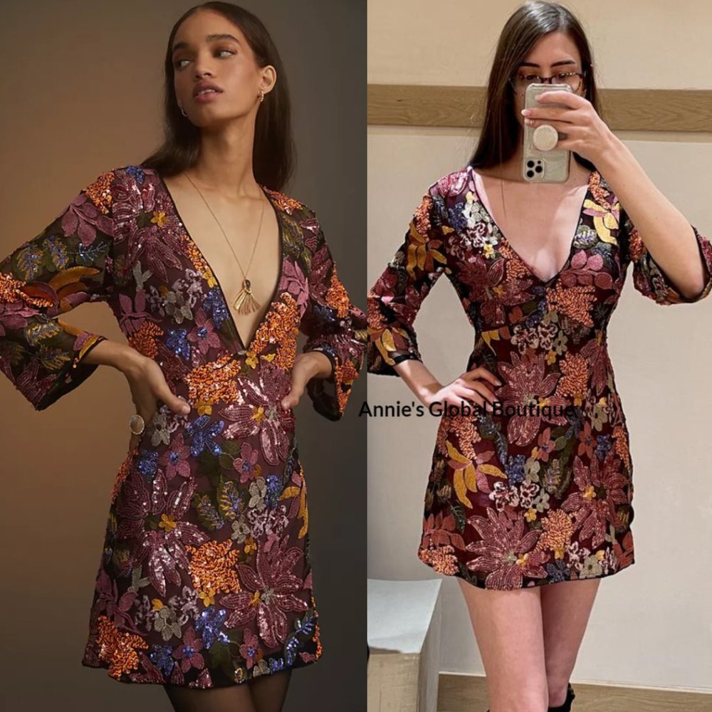 RARE NWT ANTHROPOLOGIE Sequined Embroidered Cut-Out Mini Dress. Size 20W - Picture 3 of 16